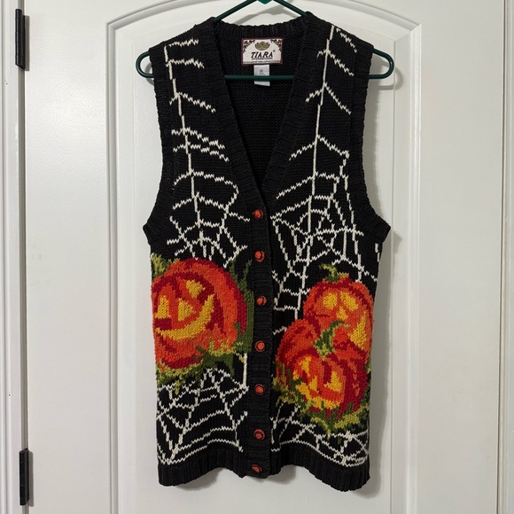 Vintage Tiara International Pumpkin Spider Web Knit Sweater Vest Women’s Medium - Picture 1 of 4